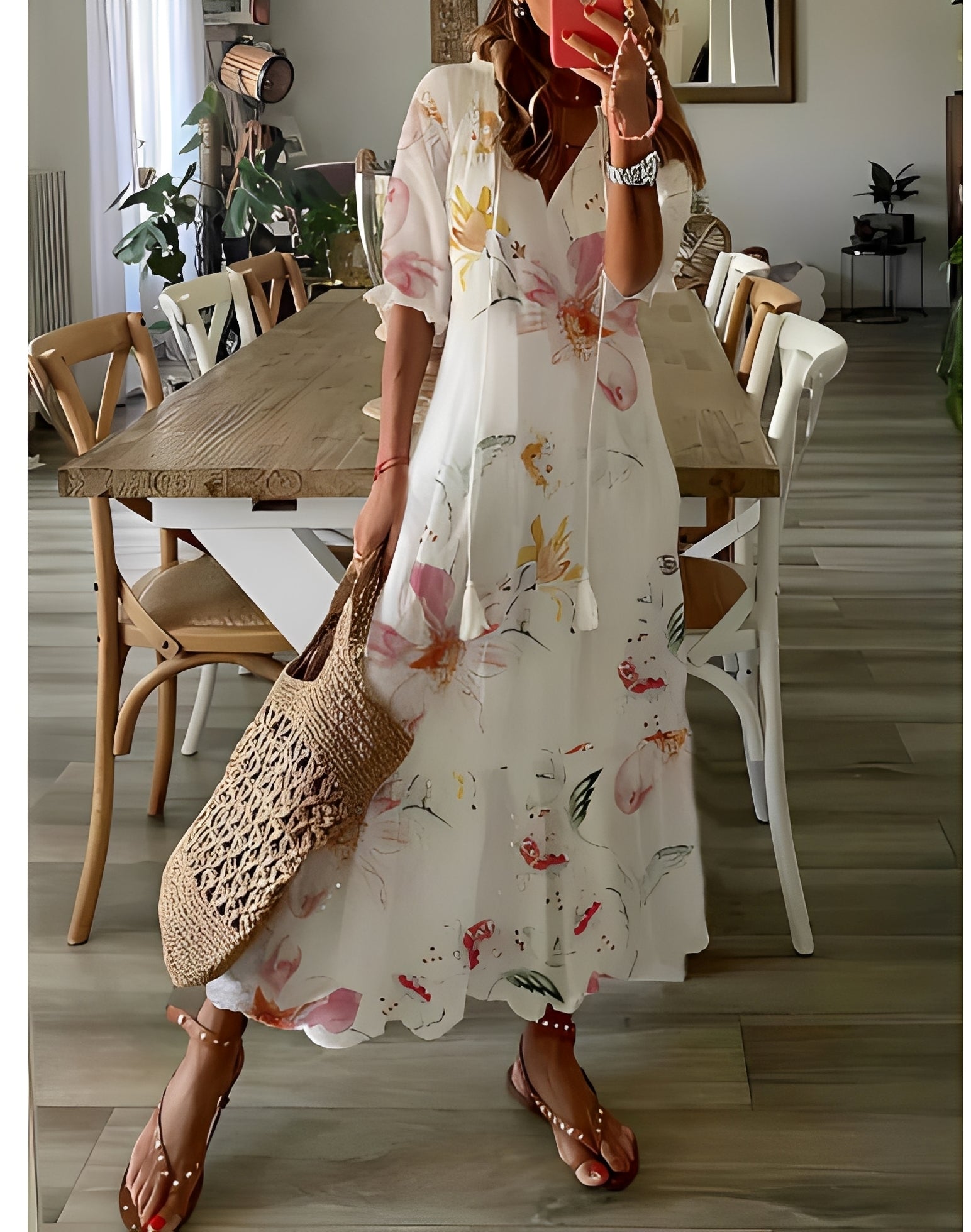 Domitille - Elegantes V-Ausschnitt-Kleid, locker geschnitten für Damen